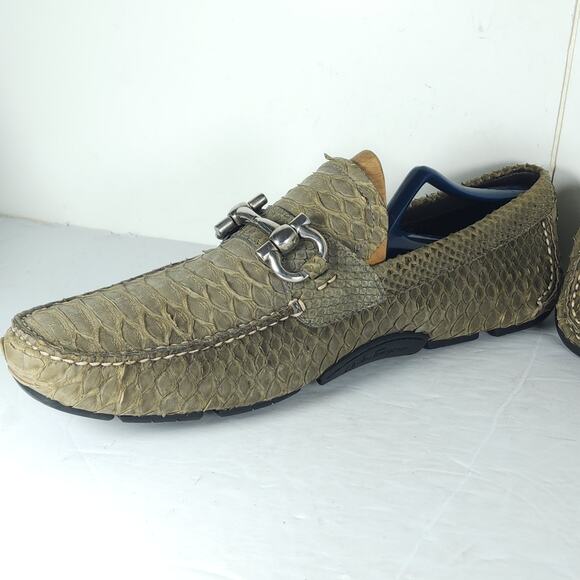 SALVATORE FERRAGAMO Men's US 10EE Genuine Python leather Olive Driving Loafers - Picture 6 of 16